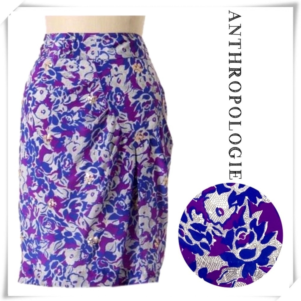 Anthropologie Fei Scattered Sequins Floral Silk Skirt in Purple with Blue